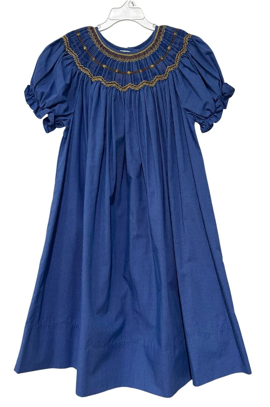 Vintage Rosalina Collection Blue Smocked Embroidered Short Sleeve Girls Dress 6Y